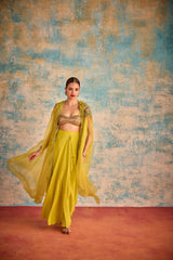 Lime green embroidered cape style ensemble