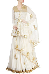 Gold & Off White Embroidered Kurta Lehenga