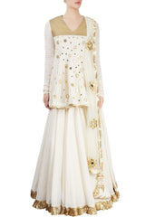 Gold & Off White Embroidered Kurta Lehenga