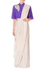 Cream Pre-draped Sari With Purple Blouse
