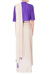 Cream Pre-draped Sari With Purple Blouse