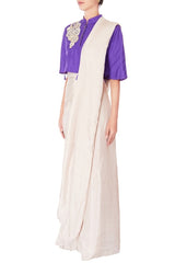 Cream Pre-draped Sari With Purple Blouse