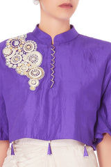 Cream Pre-draped Sari With Purple Blouse
