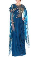 Blue Embellished Sari Gown