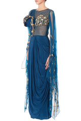 Blue Embellished Sari Gown