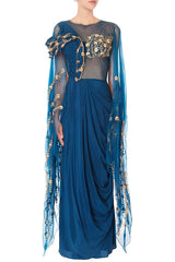 Blue Embellished Sari Gown