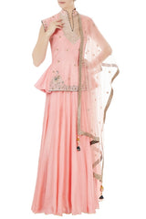 Pink Silk & Net Elephant Motif Embroidered Lehenga Set