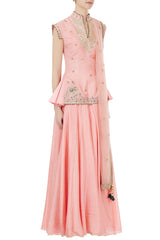 Pink Silk & Net Elephant Motif Embroidered Lehenga Set