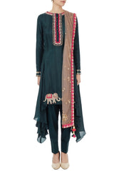 Emerald Green Silk High-Low Kurta with Dhoti & Pink Dupatta