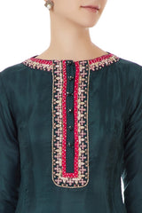 Emerald Green Silk High-Low Kurta with Dhoti & Pink Dupatta