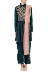 Emerald Green Silk Kurta with Dhoti & Pink Dupatta