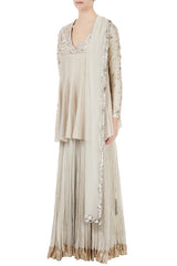 Grey Silk & Net Mukaish Embroidered Lehenga Set