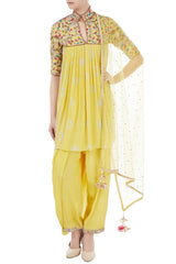 Yellow Embroidered Kurta with Dhoti & Dupatta