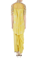 Yellow Embroidered Kurta with Dhoti & Dupatta