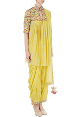 Yellow Embroidered Kurta with Dhoti & Dupatta