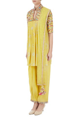 Yellow Embroidered Kurta with Dhoti & Dupatta