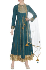 Teal Layered Kurta Set With Dupatta