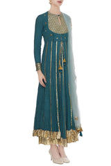 Teal Layered Kurta Set With Dupatta