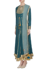 Teal Layered Kurta Set With Dupatta