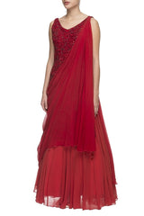 Red Embellished Gown With Drape