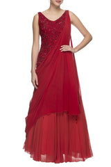 Red Embellished Gown With Drape