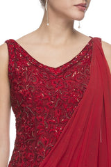 Red Embellished Gown With Drape