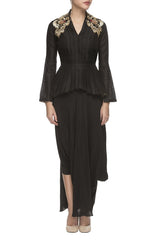 Black Embroidered Peplum Top With Dhoti Skirt