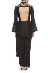 Black Embroidered Peplum Top With Dhoti Skirt