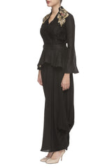 Black Embroidered Peplum Top With Dhoti Skirt