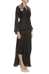 Black Embroidered Peplum Top With Dhoti Skirt
