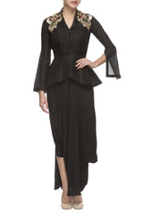 Black Embroidered Peplum Top With Dhoti Skirt