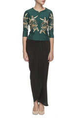 Peacock Green Embroidered Top & Draped Skirt