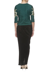 Peacock Green Embroidered Top & Draped Skirt