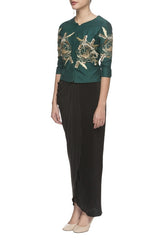 Peacock Green Embroidered Top & Draped Skirt