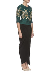 Peacock Green Embroidered Top & Draped Skirt