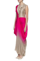 Pink & Beige Silk Draped Gown