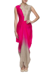 Pink & Beige Silk Draped Gown