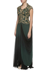 Emerald Green Embroidered Draped Gown