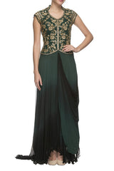 Emerald Green Embroidered Draped Gown