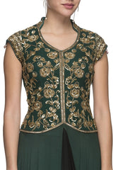 Emerald Green Embroidered Draped Gown