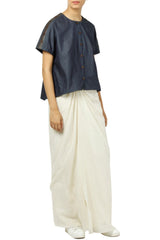 Blue Denim Shirt With Ivory Draped Skirt