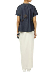 Blue Denim Shirt With Ivory Draped Skirt