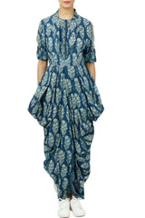 Blue Printed Drape Dress