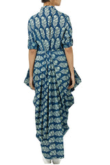 Blue Printed Drape Dress