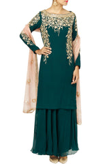 Deep Green Embroidered Kurta Lehenga Set