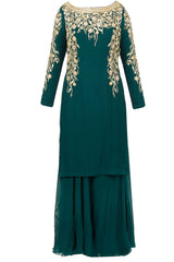 Deep Green Embroidered Kurta Lehenga Set