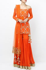 Orange Zardosi And Sequin Sharara Set