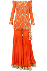 Orange Zardosi And Sequin Sharara Set
