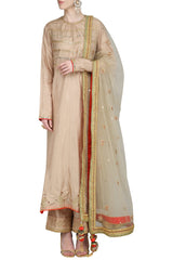 Beige Resham Embroidered Kurta Set
