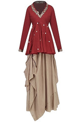 Red Peplum & Brown Drape Skirt